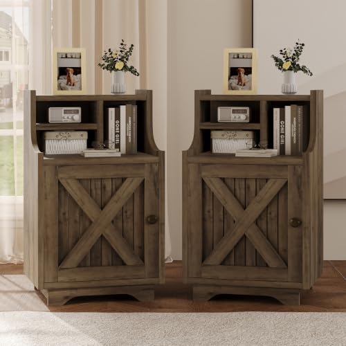 4ever2buy Oak Nightstand Set of 2, 30" Tall Night Stand with Hutch | Farmhouse Tall Bedside Table End Table for Bedroom Living Room Sofa Office, Storage Cabinet, Oak - color: Oak
