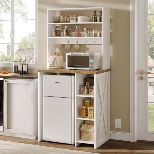 YITAHOME 6-Tier White Mini Fridge Stand with Power Outlet | Fits Mini Fridge, 6-Tier Storage, Built-in Power Outlet, Farmhouse Style, for Dining Room Dorm Office, Easy Assembly
