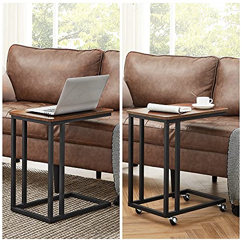 VASAGLE End Table, C Shaped TV Tray with Metal Frame Rolling Casters, Industrial Side Table for Living Room Bedroom, 19.7 x 13.8 x 23.6 Inches, Dark Walnut and Black - color: Dark Walnut + Black, size: 19.7"W x 21.7"H, style: With Wheels