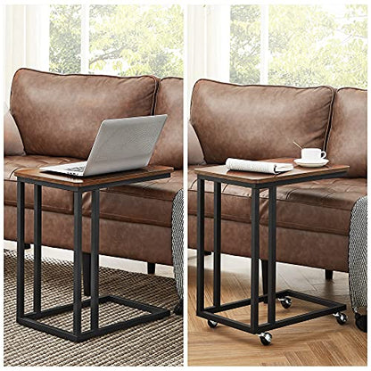 VASAGLE End Table, C Shaped TV Tray with Metal Frame Rolling Casters, Industrial Side Table for Living Room Bedroom, 19.7 x 13.8 x 23.6 Inches, Dark Walnut and Black - color: Dark Walnut + Black, size: 19.7"W x 21.7"H, style: With Wheels