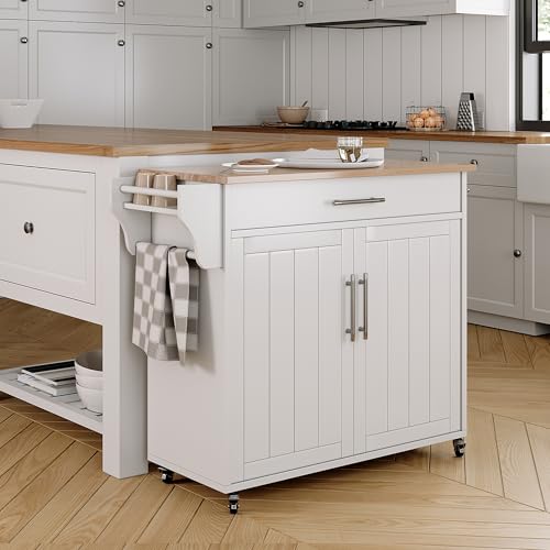 Kitchen Island with Storage, Wooden Countertop Rolling Kitchen Island On Wheels Storage Cabinet, Mobile Kitchen Island Cart with Towel Rack, Spice Rack and Drawers, White - color: White