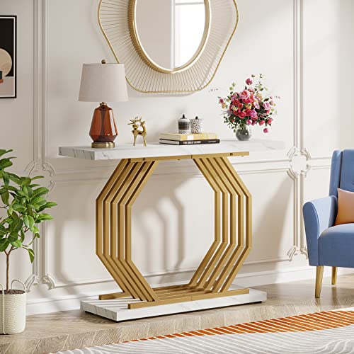 Tribesigns Gold Console Table, Faux Marble Entryway Table Narrow Sofa with Geometric Metal Base, 40 Inch Modern Accent Entrance for Living Room, Hallway, Foyer, White and Gold - color: White