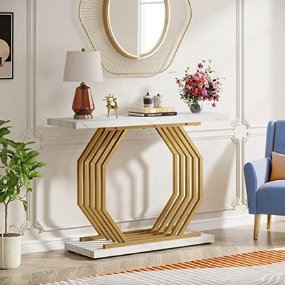 Tribesigns Gold Console Table, Faux Marble Entryway Table Narrow Sofa with Geometric Metal Base, 40 Inch Modern Accent Entrance for Living Room, Hallway, Foyer, White and Gold - color: White
