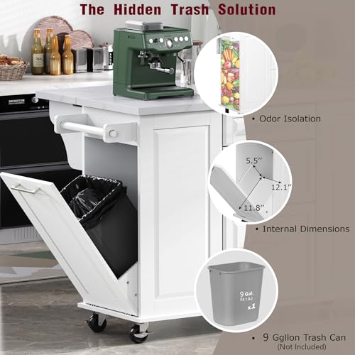 Kitchen Island with Trash Can Storage Cabinet and Faux Marble Top | White, 50.7" Rolling Kitchen Cart on Wheels with Drop Leaf, Spice Rack, Towel Rack and Adjustable Shelf for Dining Room - color: White