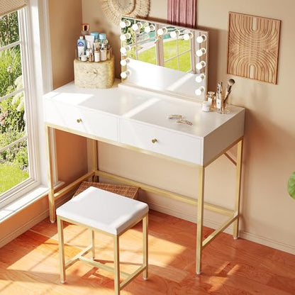 SUPERJARE 31.5" White and Gold Desk with 2 Drawers, Modern Makeup Vanity | Vanity with Padded Stool, Small Computer Desk Home Office Desk for Writing Study Bedroom - color: Gold and White, size: 31.5 inch