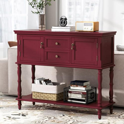 ARTPOWER Console Table with 2 Drawers, Retro Entryway Table with 2 Door | Solid Wood Veneer Entry Table, Behind Couch Sofa Table with Open Storage Shelf for Living Room, Foyer, Hallway - color: Red