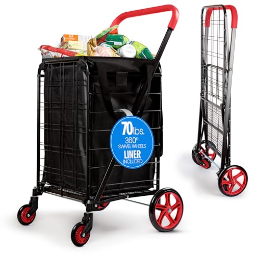 SereneLife Small Compact Folding Shopping Cart with Removable Waterproof Liner – 360° Swivel Wheels, Rust‑Proof Steel Frame, 70 lb Capacity – Portable Grocery, Laundry & Travel Cart (Red) - color: Red