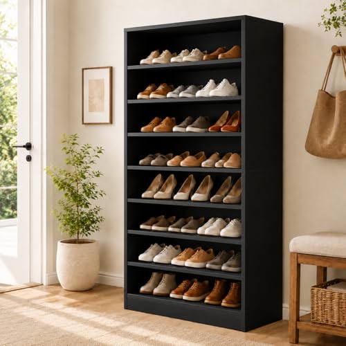 Homieasy Tall Shoe Cabinet for Entryway, 9-Tier Black Wood Shoe Rack Cabinet, Freestanding Narrow Shoe Storage Organizer with Adjustable Shelves for Closet, Hallway, Bedroom - color: Black, size: 9-Tier