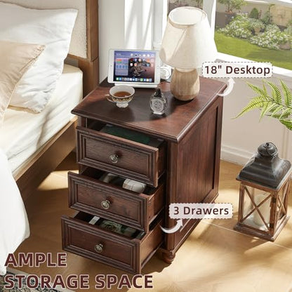 RWYHG 18" Night Stand with Charger Station, Nightstand with 3 Drawers | Farmhouse Modern Bedside Table, Metal Handle, Roman Column Legs, Walnut Bed Side End Tables for Bedroom Living Room - color: Walnut, size: 18"D x 18"W x 24"H (3 Drawers)