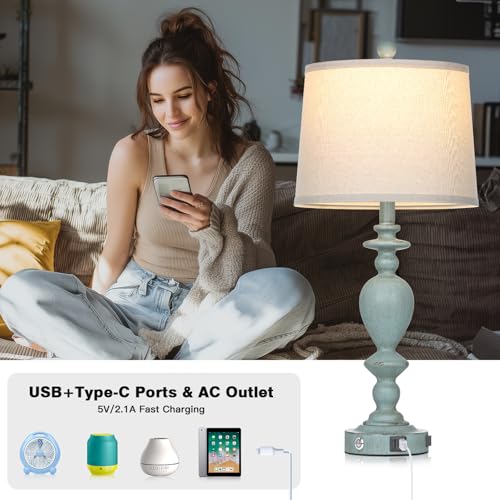 Cinkeda 27.5" Coastal Table Lamp for Living Room Set of 2,Retro Blue Bedside Nightstand Lamps with USB C+A Ports & AC Outlet,3-Way Dimmable Touch Control Desk Lamp for Bedroom - color: Blue