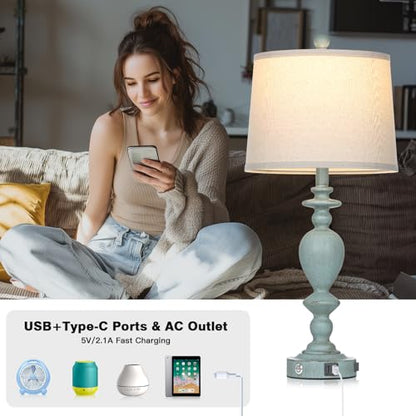 Cinkeda 27.5" Coastal Table Lamp for Living Room Set of 2,Retro Blue Bedside Nightstand Lamps with USB C+A Ports & AC Outlet,3-Way Dimmable Touch Control Desk Lamp for Bedroom - color: Blue
