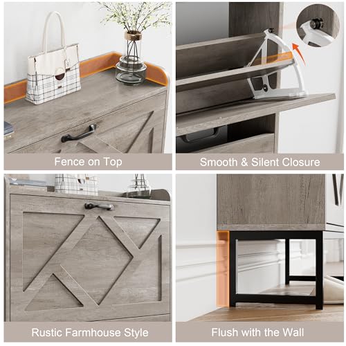 Nicetree Shoe Storage Cabinet with 2 Flip Drawers, Freestanding Shoe Organizer, Shoe Cabinet with Metal Legs, Narrow Shoe Rack Cabinet, Farmhouse Slim Shoe Cabinet for Entryway, Hallway, Rustic Gray - color: Grey