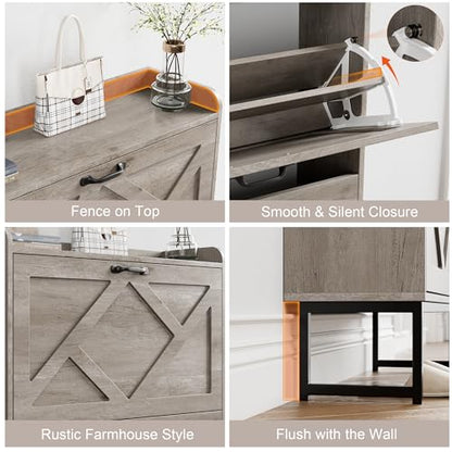 Nicetree Shoe Storage Cabinet with 2 Flip Drawers, Freestanding Shoe Organizer, Shoe Cabinet with Metal Legs, Narrow Shoe Rack Cabinet, Farmhouse Slim Shoe Cabinet for Entryway, Hallway, Rustic Gray - color: Grey