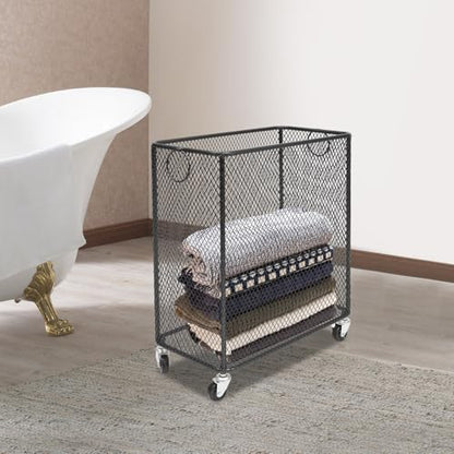 Rolling Laundry Basket, Large Capacity Metal Laundry Hamper with Wheels, Heavy Duty Iron Mesh Hamper Cart for Home Bathroom Bedroom Laundry Room (Black, Rectangular) - color: Black, size: Rectangular