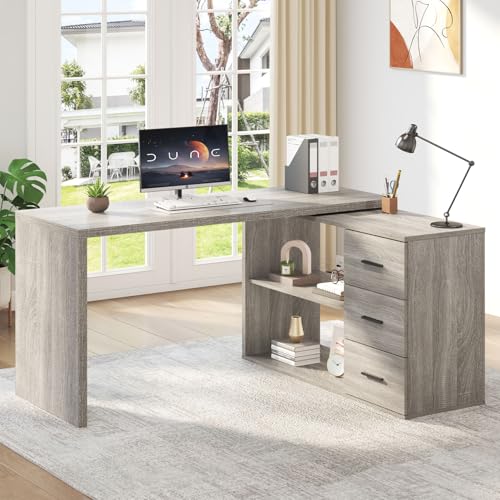 HSH 55-76 Inch Light Grey Farmhouse L Shaped Desk with Drawers 360 Rotating | Office Desk with drawers and shelves offers flexible storage and easily converts from an L-shaped corner desk to a long desk. - color: Light Grey