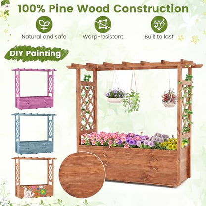 Giantex Raised Garden Bed with Sided Trellis & Roof, 45”x16”x41” Wood Elevated Planter Box, Freestanding Garden Planter Raised Bed for Flowers Herbs Climbing Vines,Brown,1 - color: Brown, size: 45”x16”x41”
