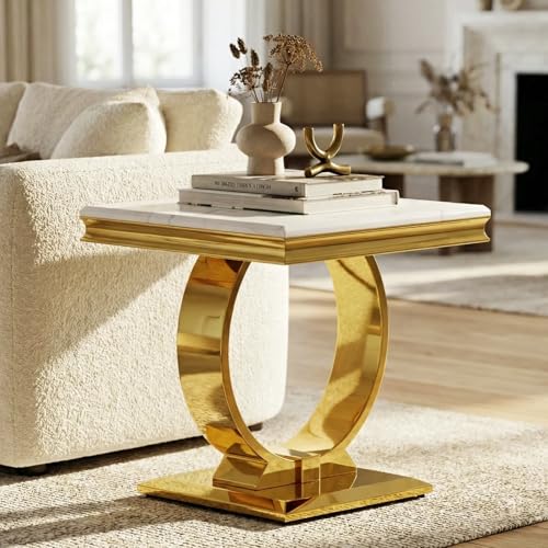 Asday Gold End Side Table, White Side Table for Living Room, Bedroom, Stable End Table with U-Shaped Polished Gold Base and Square Bottom Plate - color: White, size: Set of 1
