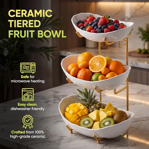 GIRAVO 3 Tier Ceramic Fruit Bowl with Metal Stand, Tiered Countertop Fruit Basket, Serving Tray Stand for Kitchen Counter, Fruit & Vegetable Storage, White Bowls with Gold Rack