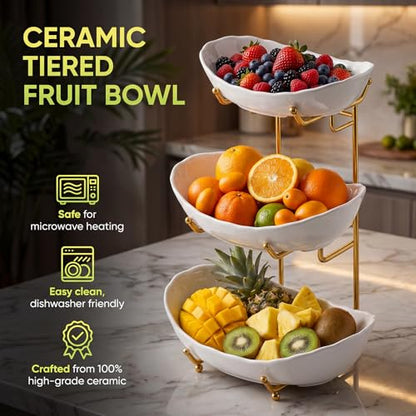 GIRAVO 3 Tier Ceramic Fruit Bowl with Metal Stand, Tiered Countertop Fruit Basket, Serving Tray Stand for Kitchen Counter, Fruit & Vegetable Storage, White Bowls with Gold Rack