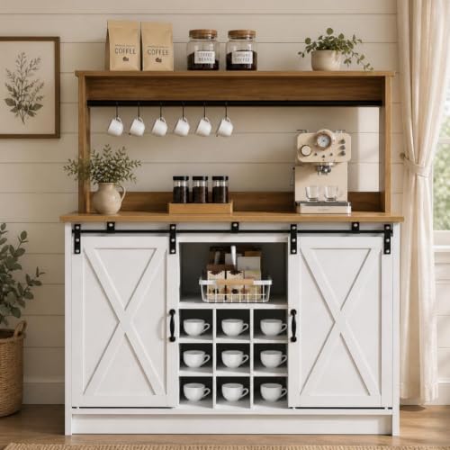 4ever2buy Farmhouse Coffee Bar with Hutch, Coffee Bar with Storage & 6 Hooks, 47 Inch Bar Cabinet with Sliding Barn Door and Adjustable Shelves for Living Room Kitchen, White - color: White, size: 47Inch