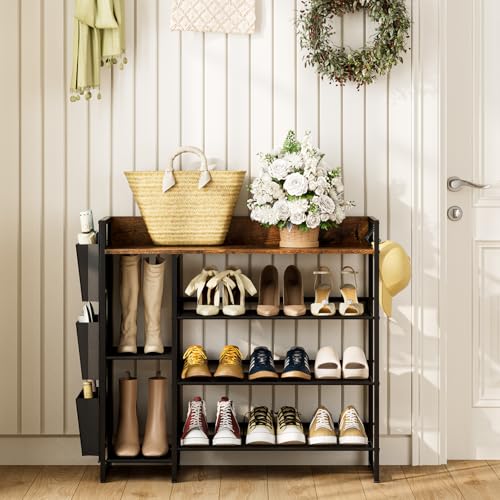 Shoe Racks Bench,Shoe Organizer with Bench for Closet- Free Standing Boot and Shoe Rack with Storage Bag for High Heels, Entryway, Hallways, Closets, Dormitory Rooms,Brown 4-Tier - size: 4 Tier with Side Bag