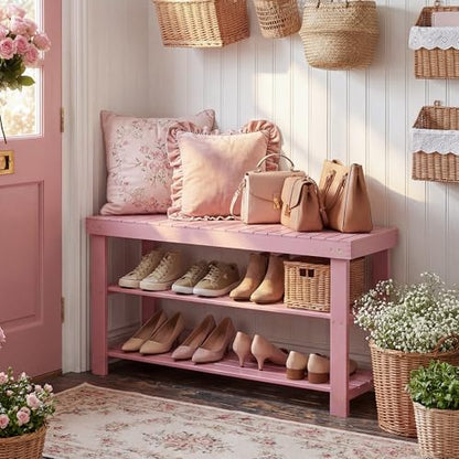 SMIBUY Bamboo Shoe Rack Bench, 3-Tier Shoe Organizer Storage Shelf for Entryway Hallway Bathroom Living Room (Pink) - color: Pink