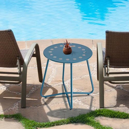 danpinera Outdoor Side Tables with Flower Cut Outs, Weather Resistant Steel Patio Side Table, Small Round Outdoor End Table Metal Side Table for Patio Yard Balcony Garden Navy Blue - color: Navy Blue
