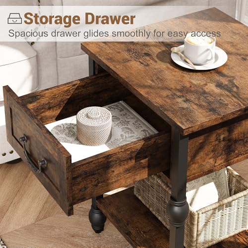 GarveeHome End Table, Industrial Side Table with Storage, 2 Tiers Nightstand with Drawer, Featured Bedside for Bedroom, Living Room and Small Space, Retro Brown