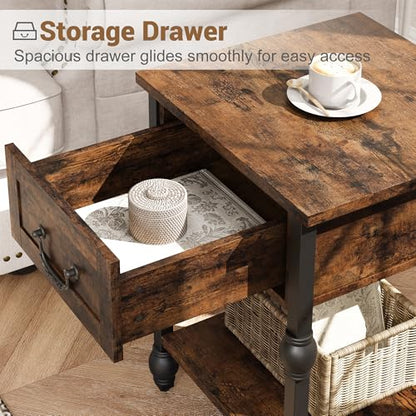 GarveeHome End Table, Industrial Side Table with Storage, 2 Tiers Nightstand with Drawer, Featured Bedside for Bedroom, Living Room and Small Space, Retro Brown