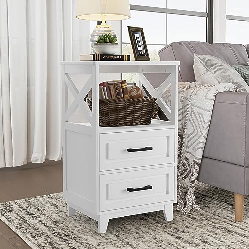 FansaFurn White Farmhouse Nightstand Wooden Rustic End Table Side Cabinet for Bedroom, Living Room, 13" D x 18" W x 28" H(Set of 1) - color: White, size: 13" D x 18" W x 28" H (Set of 1)