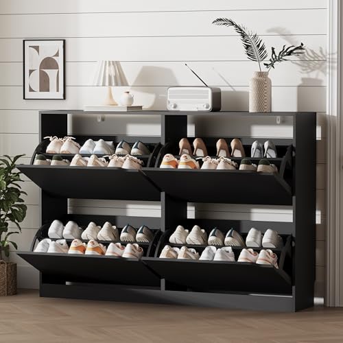 Xixini Shoe Storage Cabinet for Entryway with 4 Flip Drawers, Sturdy Wood Hidden Shoe Storage, Freestanding Narrow Slim Shoe Organizer for Front Door Entrance, Living Room, Hallway, Bedroom, Black - color: Black, size: 4 Drawers without Rack