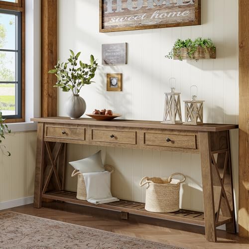 Tribesigns Console Table with 3 Storage Drawers, 70.87 Inches Extra Long Sofa Table Behind Couch with Bottom Shelf, Farmhouse Wooden Entryway Hallway Foyer Table for Living Room, Entrance (Brown) - color: Brown