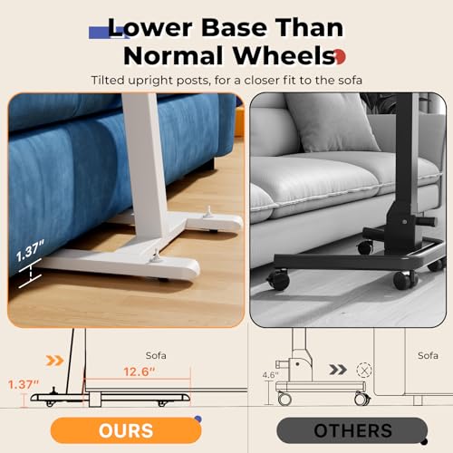 JOY worker Low Height Small Mobile Standing Desk, 90° Foldable Laptop Desk | Height Adjustable TV Tray Table, 21.65" White MDF Tilt Board, Portable Desk with Low Base & Hidden Wheels, Couch Sitting Use - color: White