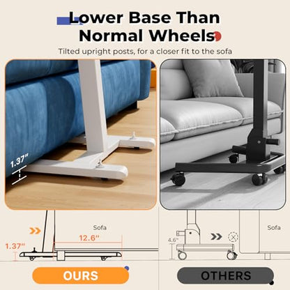 JOY worker Low Height Small Mobile Standing Desk, 90° Foldable Laptop Desk | Height Adjustable TV Tray Table, 21.65" White MDF Tilt Board, Portable Desk with Low Base & Hidden Wheels, Couch Sitting Use - color: White