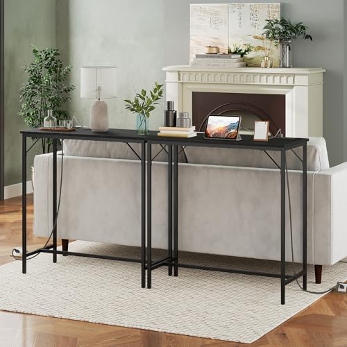 HOOBRO Bar Table with Charging Station, Rectangular Pub Table, High Top Coffee Table, Counter Bar Height Table, Narrow Long Dining Table, 35.4" L x 15.7" W x 35.6" H, Black BB90UBT01N1 - color: Black