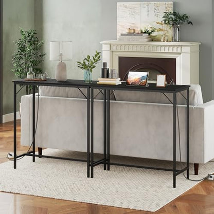 HOOBRO Bar Table with Charging Station, Rectangular Pub Table, High Top Coffee Table, Counter Bar Height Table, Narrow Long Dining Table, 35.4" L x 15.7" W x 35.6" H, Black BB90UBT01N1 - color: Black