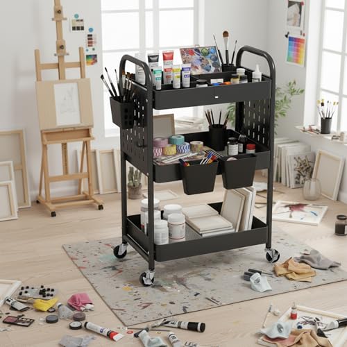 danpinera Craft Cart, Black Rolling Cart with Retractable Dividers & DIY Pegboards for Kitchen, Bedroom, Laundry - color: Black