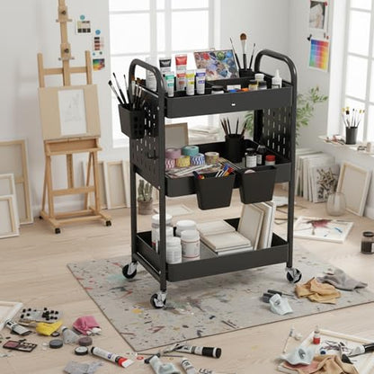danpinera Craft Cart, Black Rolling Cart with Retractable Dividers & DIY Pegboards for Kitchen, Bedroom, Laundry - color: Black