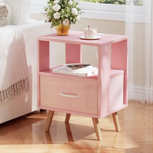 Huhote Kids Nightstand, 2-Tier Night Stand with Charging Station and Drawer, Modern Side Table for Bedroom, Study Room Small Spaces, Pink - color: Pink, size: 2-Tier with Charging
