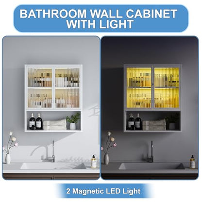 Metal Bathroom Wall Cabinet with Glass Doors | Medicine Cabinet, Wall Mounted Cabinet Over The Toilet, White Small Cupboard, 2 LED Light - style: Half Glass Door White