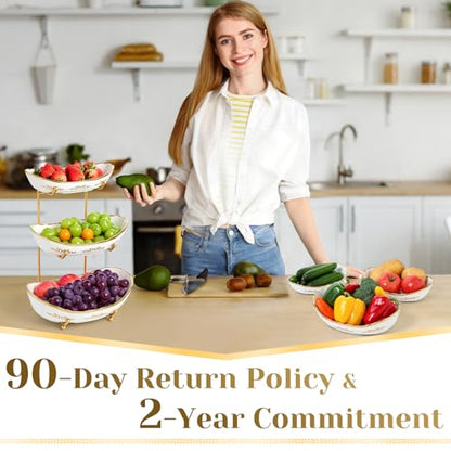 DUJUST 3 Tier Fruit Bowl, Elegant Ceramic Fruit Stand with Gold Scrollwork, Stackable & Easy to Store, Multifunctional Serving Tray for Fruit/Vegetables/Snacks - White Gold - color: 3-Tier White Gold