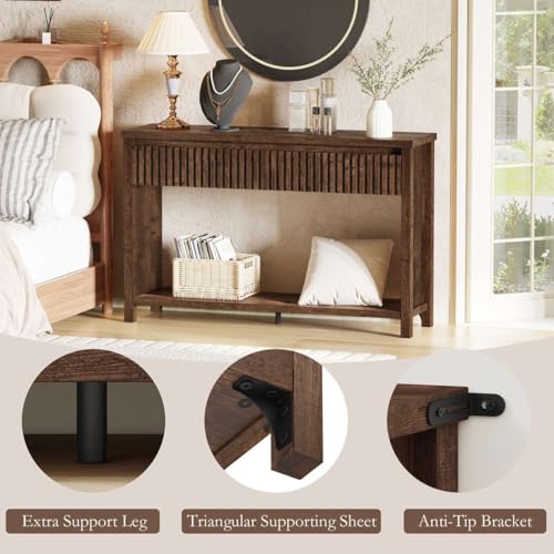 BON AUGURE Console Tables for Entryway, Console Table with Drawers, 47In Sofa Table with Storage, Narrow Entryway Tables with 2-Tier Shelf, Farmhouse Fluted Couch Tables for Living Room, Rustic Oak - color: Rustic Oak