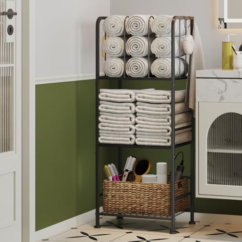 3-Tier Freestanding Cabinet Towel Rack Metal Stand, Black | M-shaped detachable dividers, three-tier versatile storage, premium anti-rust four hooks, 70 lbs heavy duty load capacity - color: Black