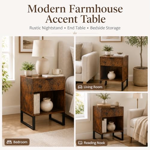Rustic Brown Nightstand with Fluted Drawer, Wood Bedside Table with Storage Shelf, Mid Century Modern End Table with Metal Legs for Bedroom, Living Room, Sofa Side & Small Spaces