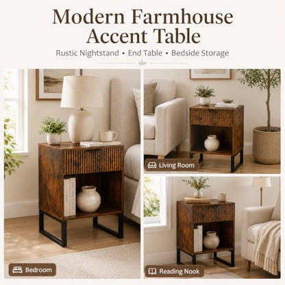 Rustic Brown Nightstand with Fluted Drawer, Wood Bedside Table with Storage Shelf, Mid Century Modern End Table with Metal Legs for Bedroom, Living Room, Sofa Side & Small Spaces