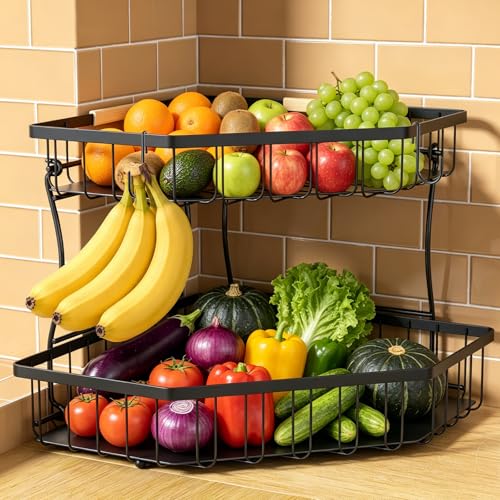 2 Tier Fruit Basket Extra Large with 2 Banana Hangers for Corner | Detachable Metal Fruit Bowl with Wooden Handle, Large Capacity Fruit Stand for Bread Fruit and Vegetable Storage, Black - color: Black, size: 2 Tier Extra Large