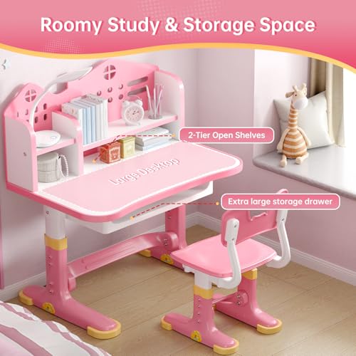 Kids Desk and Chair Set, Height Adjustable Child's School Study Writing Tables, Kids Desk with Bookstand and Storage Drawer, Widened Desktop with Desktop for Boys and Girls - color: Pink-a