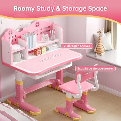 Kids Desk and Chair Set, Height Adjustable Child's School Study Writing Tables, Kids Desk with Bookstand and Storage Drawer, Widened Desktop with Desktop for Boys and Girls - color: Pink-a