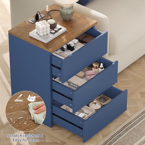 Keyluv 3 Drawers Nightstand Set of 2 with Charging Station, Modern Bedside Table with USB Ports, Sofa Side Table Night Stand with Storage, Sturdy End Table for Bedroom/Living Room/Home Office, Blue - color: Blue