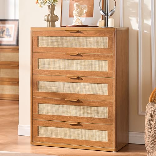 LEYAOYAO 41" Dresser for Bedroom, Tall Rattan Chest of Drawers | Gold Metal Handle, Modern 5 Drawers Boho Dressers with Storage for Living Room, Hallway - color: Tea Brown, size: 15.5"D x 31.5"W x 41"H (5 Drawers)